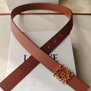 Loewe Tan Brown Grained Leather Belt with Gold Anagram Buckle Size 90